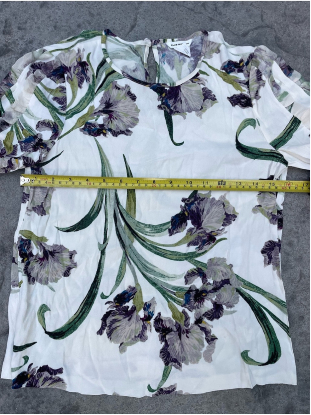 Club Monaco White Blouse with Purple Floral Print and Ruffle Sleeves - Picture 6 of 8